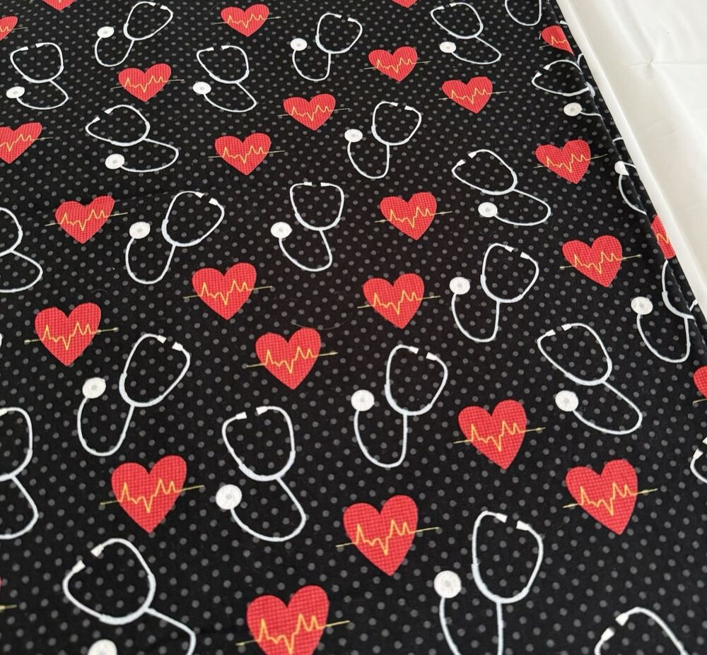 Medical Nurse Doctor EKG Heartbeats Stethoscope Black Quilt Cotton Cardiac BTY
